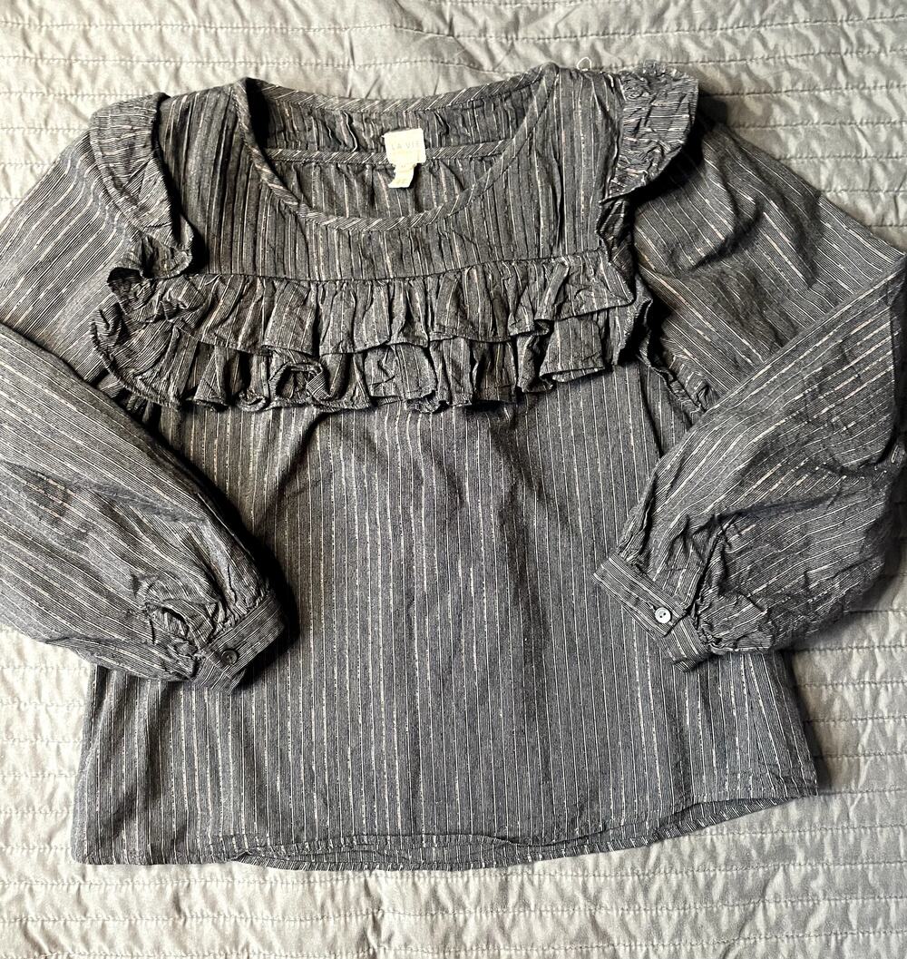 La Vie Rebecca Taylor Gray Lurex Stripe Cotton Ruffle Blouse XS RN 96705